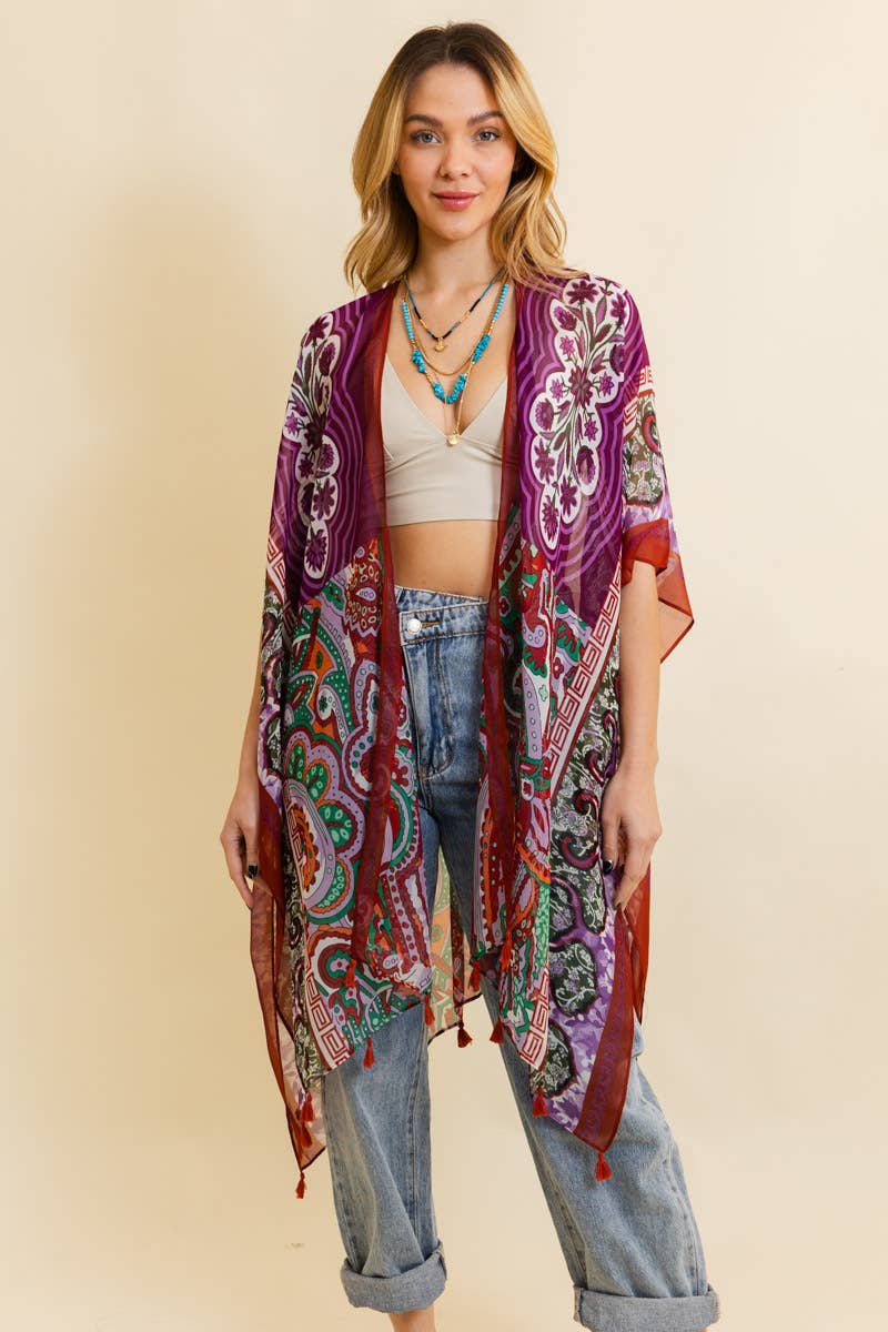 Paisley Print Open Front Kimono w/ Cinched Arms: Maroon * on sale