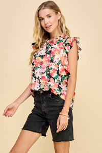 Floral Top with Ruffled Neck and Sleeves: Black Background Blouse * on sale
