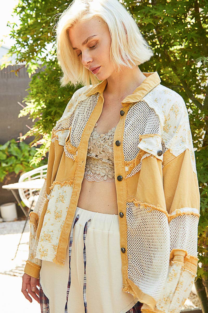 Oversized Balloon sleeve floral contrast jacket by POL: MUSTARD