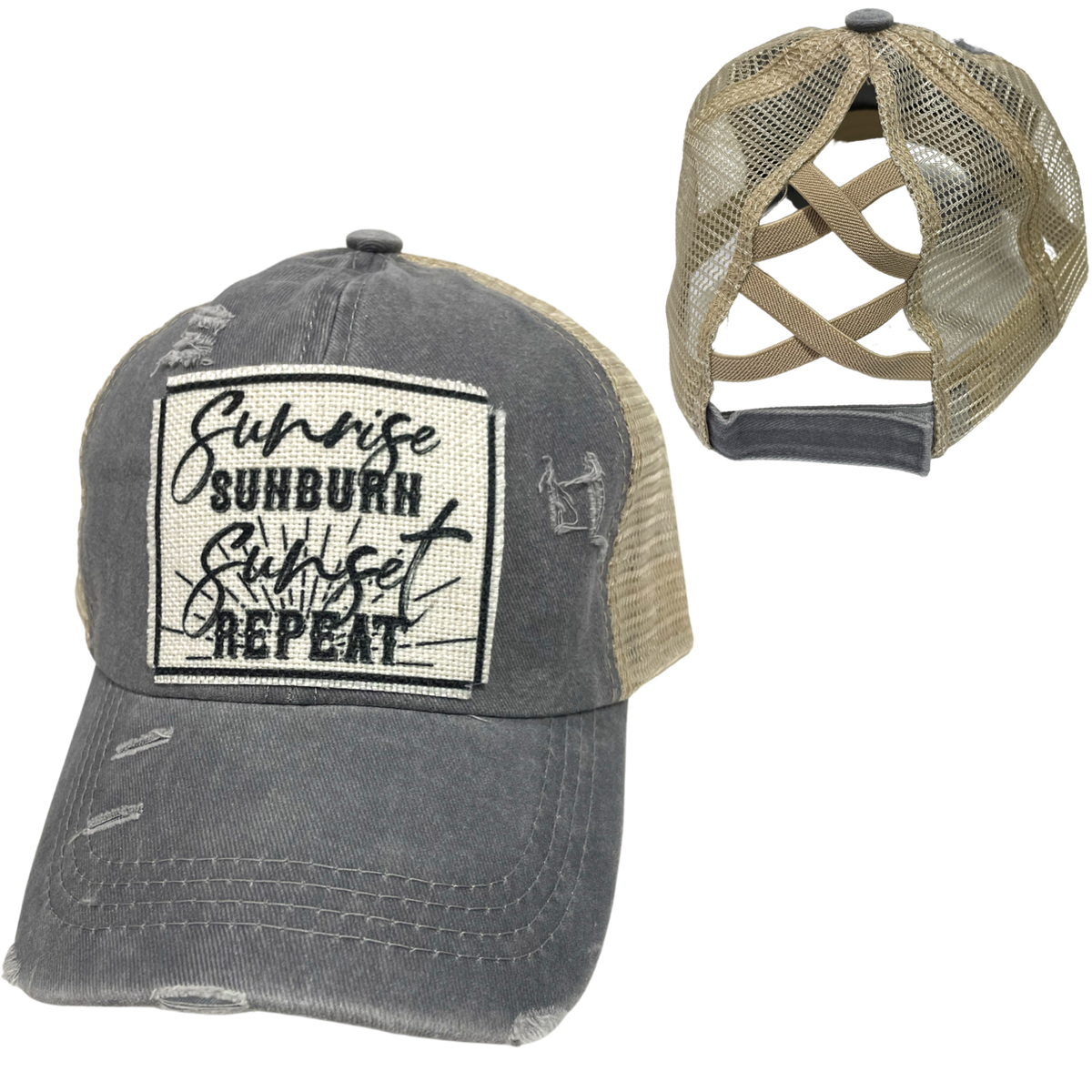 SUNRISE SUNSET CRISS-CROSS PONYTAIL HAT: Gray with coffee colored mesh * on sale