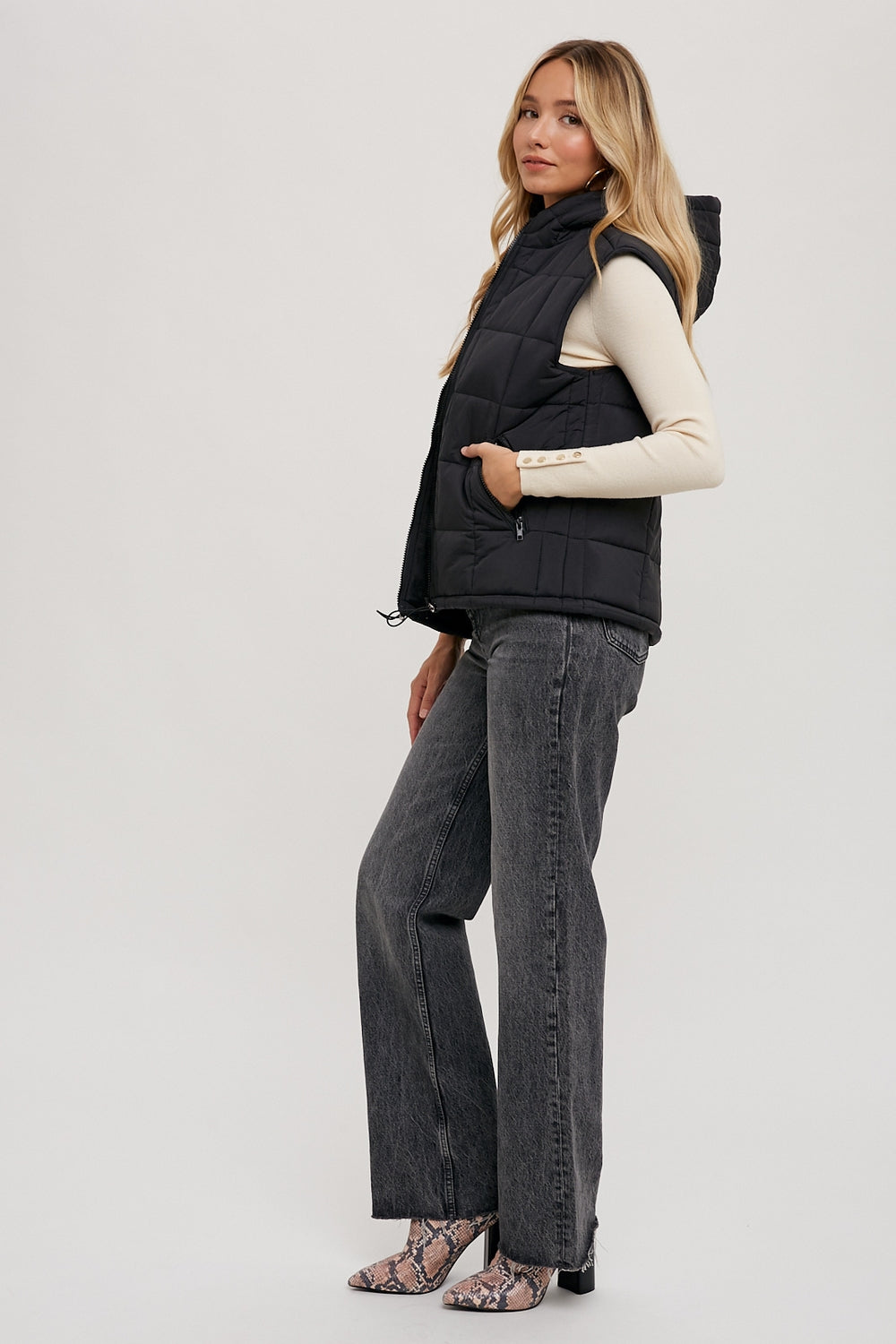 Black Zip-Up Puffer Vest with hood *