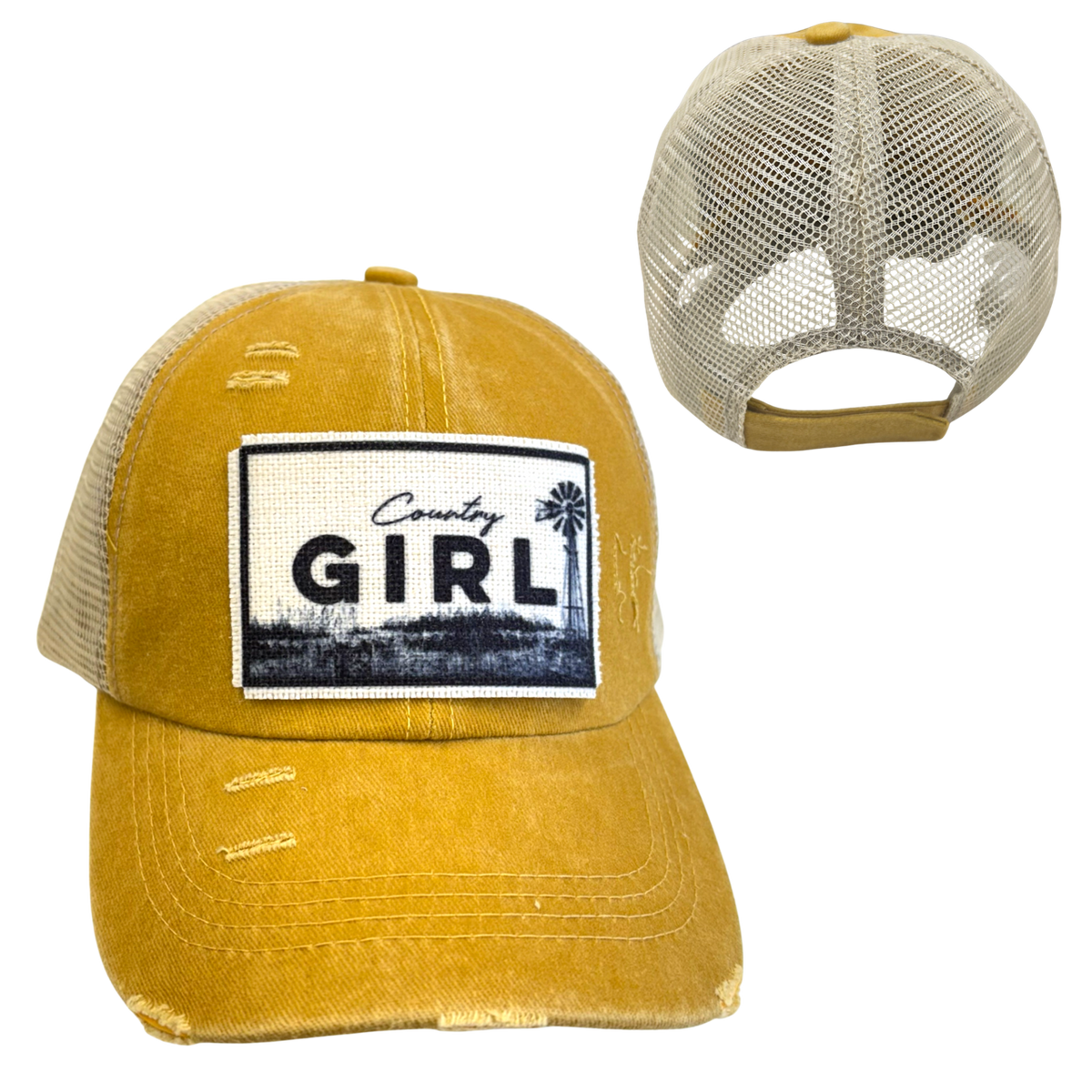 COUNTRY GIRL BALL CAP | WOMAN'S HAT | DISTRESSED: Mustard with Coffee Mesh