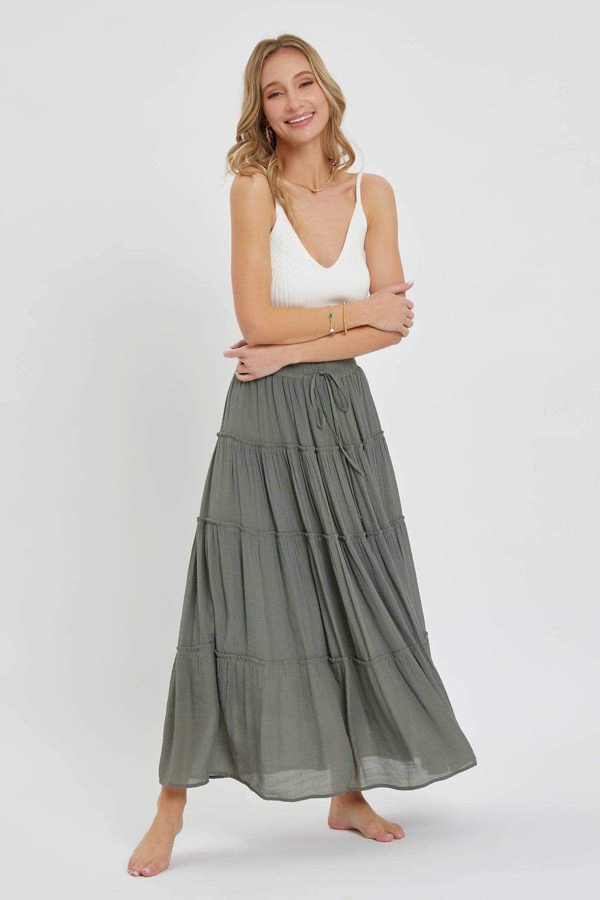 TIERED MAXI SKIRT: OLIVE