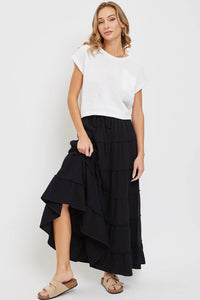 COTTON GAUZE TIERED MAXI SKIRT WITH ELASTIC WAIST: Black