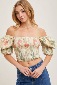 FLORAL PRINT SMOCKED PUFF SLEEVE CROSET TOP BLOUSE : VANILLA * on sale