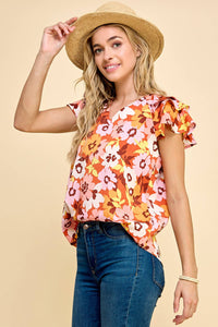Floral Top V Neck Detail with Triple Layered Sleeves: Rust * on sale