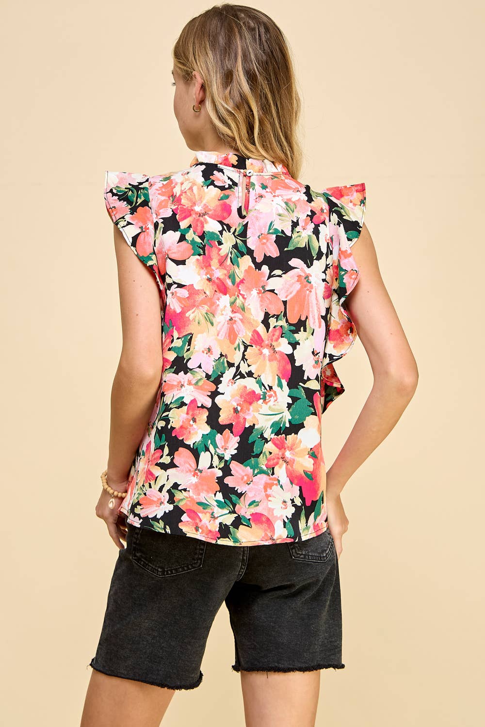 Floral Top with Ruffled Neck and Sleeves: Black Background Blouse * on sale