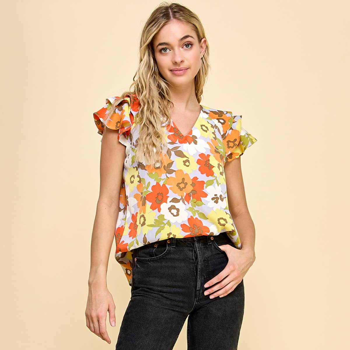 Floral Top V Neck Detail with Triple Layered Sleeves: Grey * on sale