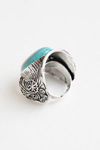 Round Turquoise Stone Floral Engraved Silver Ring * on sale