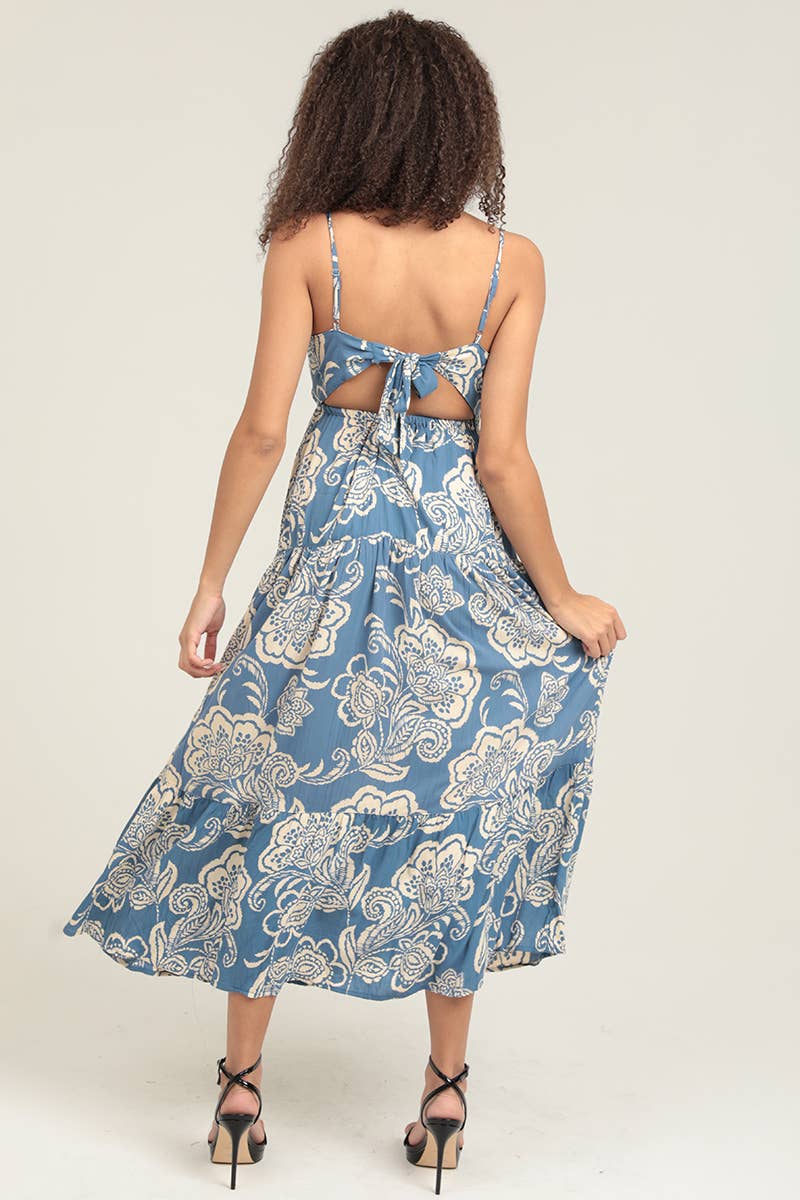 FLORAL PRINT KEYHOLE PEEK A BOO TIERED MAXI DRESS