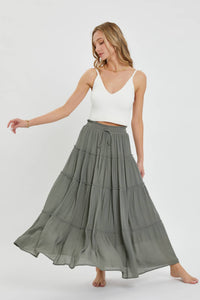 TIERED MAXI SKIRT: OLIVE