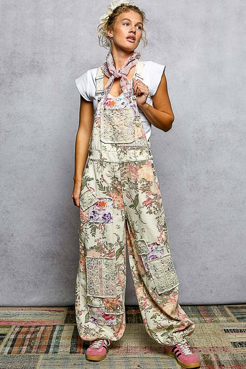 Printed Lace Patch Trim Strap Relaxed Fit Jogger Overall Romper