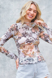 SEMI SHEER FLORAL PRINT MESH TOP: STONE
