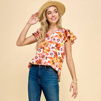 Floral Top V Neck Detail with Triple Layered Sleeves: Rust * on sale