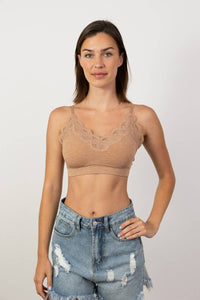 COMFY! Ultra Soft Lace Trim Ribbed Padded Seamless Bralette: Mocha
