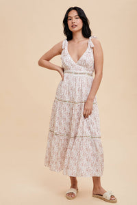 TIERED TIE STRAP MIDI DRESS: MAUVE