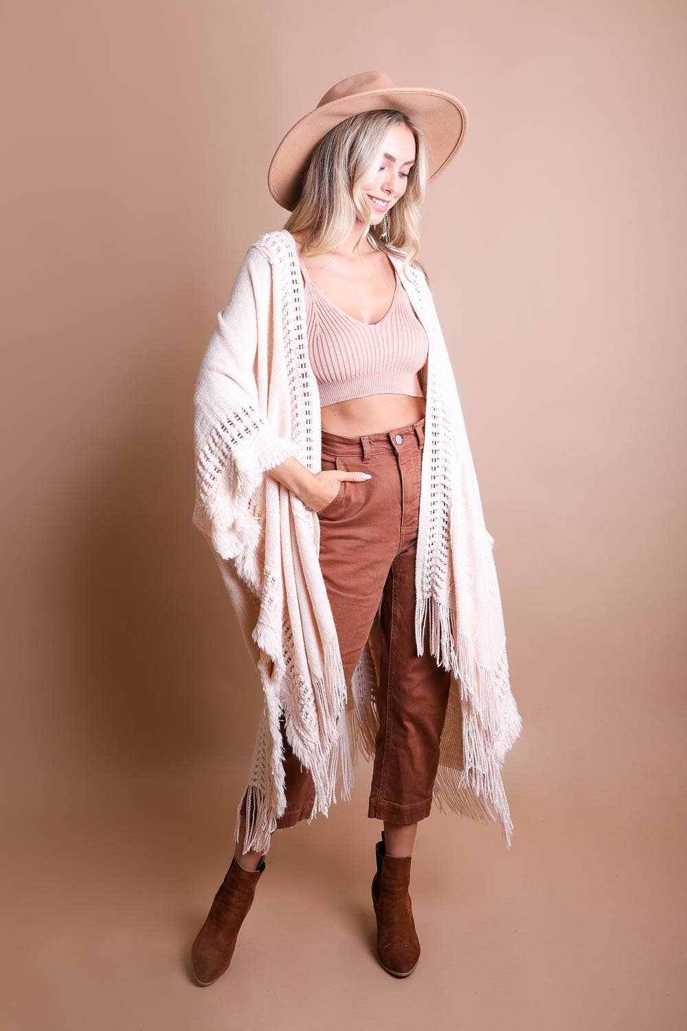 Open Work Frayed Border Bohemian Ruana Kimono : Beige * on sale