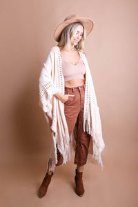 Open Work Frayed Border Bohemian Ruana Kimono : Beige * on sale