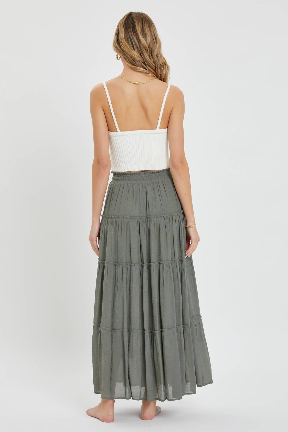 TIERED MAXI SKIRT: OLIVE