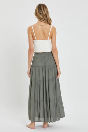 TIERED MAXI SKIRT: OLIVE