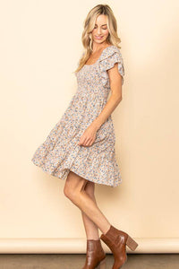 Tiny Floral Flutter Sleeves Smocking Dress: Cream * on sale
