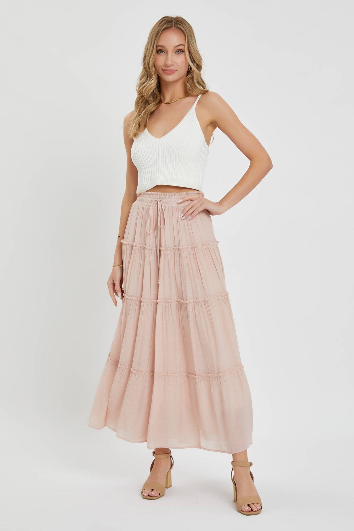 TIERED MAXI SKIRT: NUDE BLUSH