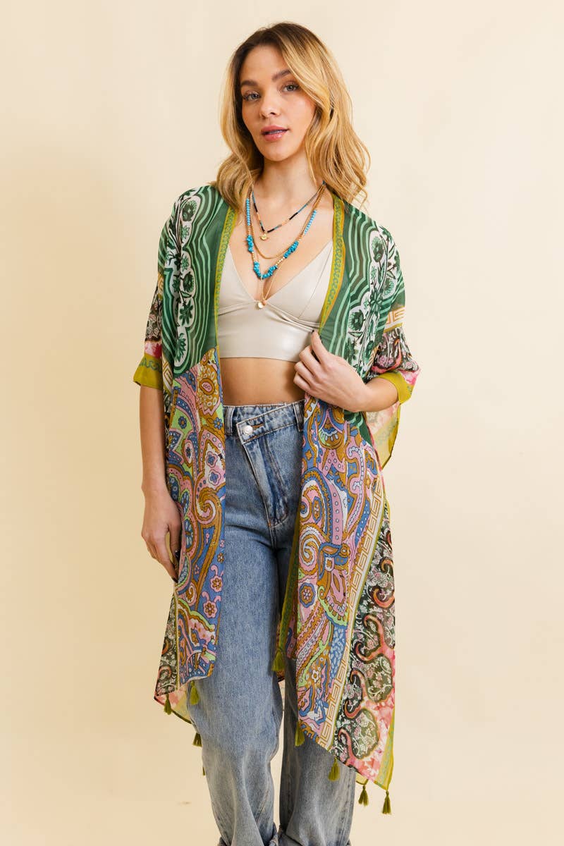 Paisley Print Open Front Kimono w/ Cinched Arms: Lime * on sale