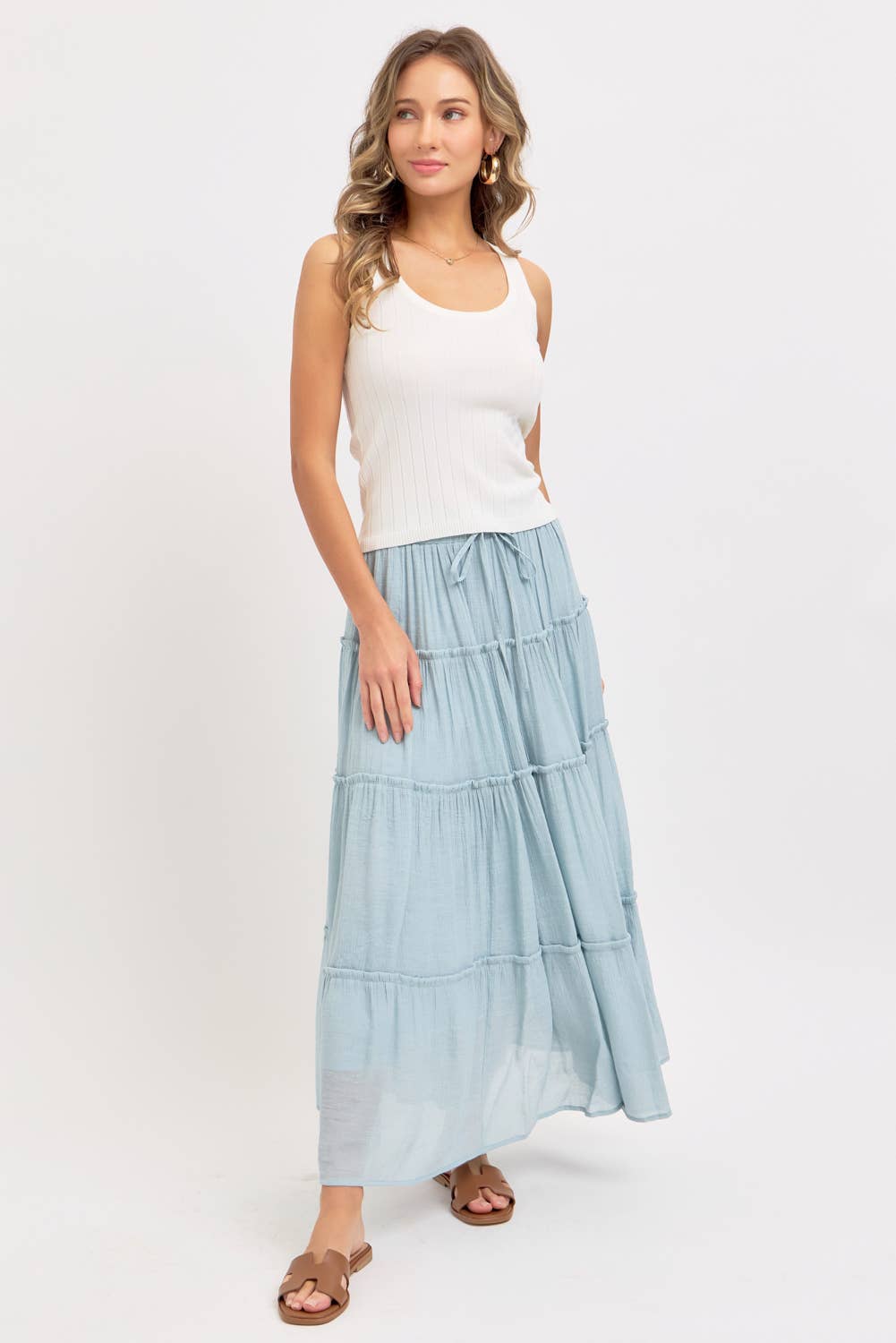 BESTSELLER TIERED MAXI SKIRT: MISTY BLUE