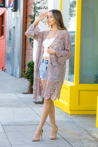 Boho Crochet Lace Sleeves Kimono in Mauve * on sale
