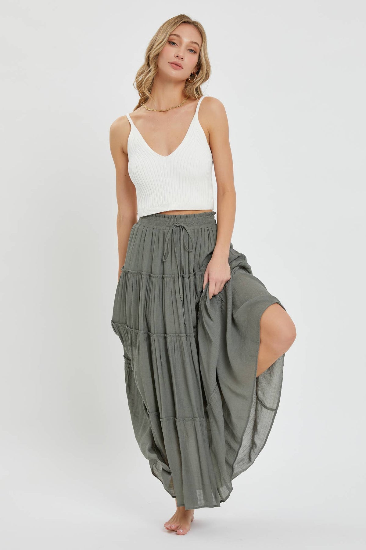 TIERED MAXI SKIRT: OLIVE