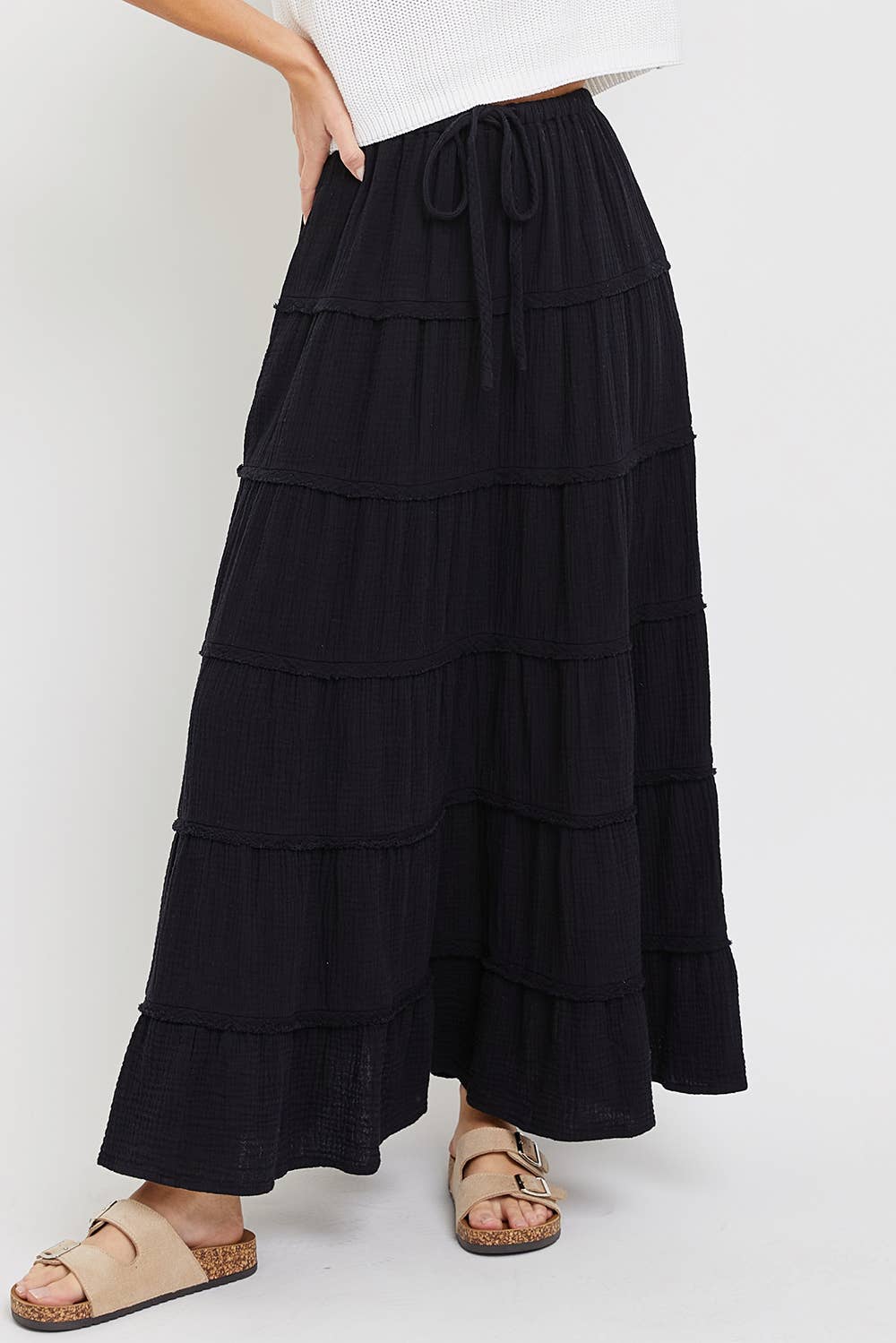 COTTON GAUZE TIERED MAXI SKIRT WITH ELASTIC WAIST: Black