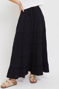 COTTON GAUZE TIERED MAXI SKIRT WITH ELASTIC WAIST: Black