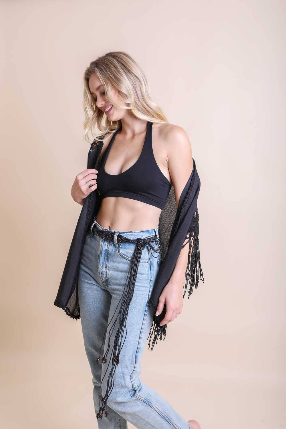 Festival-Ready Crochet Back Tasseled Kimono Jacket 🖤: Black