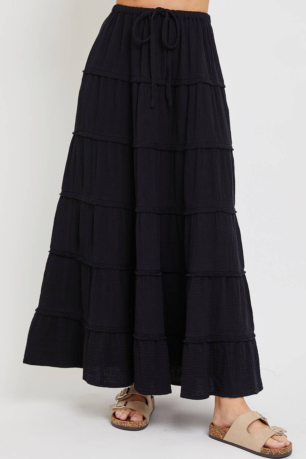 COTTON GAUZE TIERED MAXI SKIRT WITH ELASTIC WAIST: Black