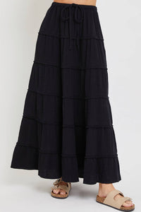 COTTON GAUZE TIERED MAXI SKIRT WITH ELASTIC WAIST: Black