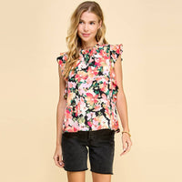 Floral Top with Ruffled Neck and Sleeves: Black Background Blouse * on sale