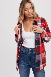 FLANNEL PLAID SHACKET / JACKET WITH POCKETS : RED PLAID