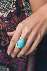 Round Turquoise Stone Floral Engraved Silver Ring * on sale