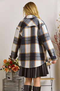 LONG SLEEVES BOYFRIEND FLANNEL JACKET : Navy