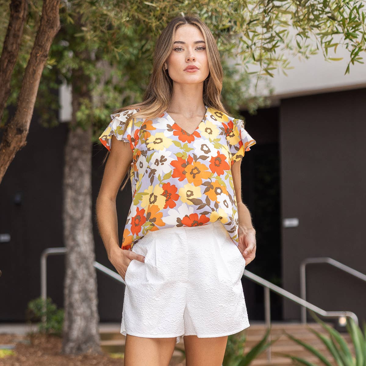 Floral Top V Neck Detail with Triple Layered Sleeves: Grey * on sale