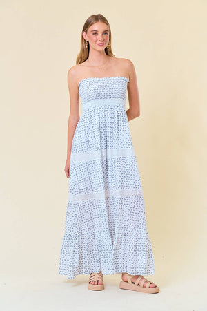EMBROIDERED TRIM SMOCKED TUBE MAXI DRESS