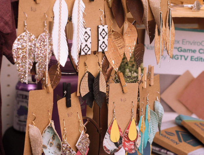 Handmade leather earrings. Painted leather earrings. Sterling silver and gold plated hooks. 