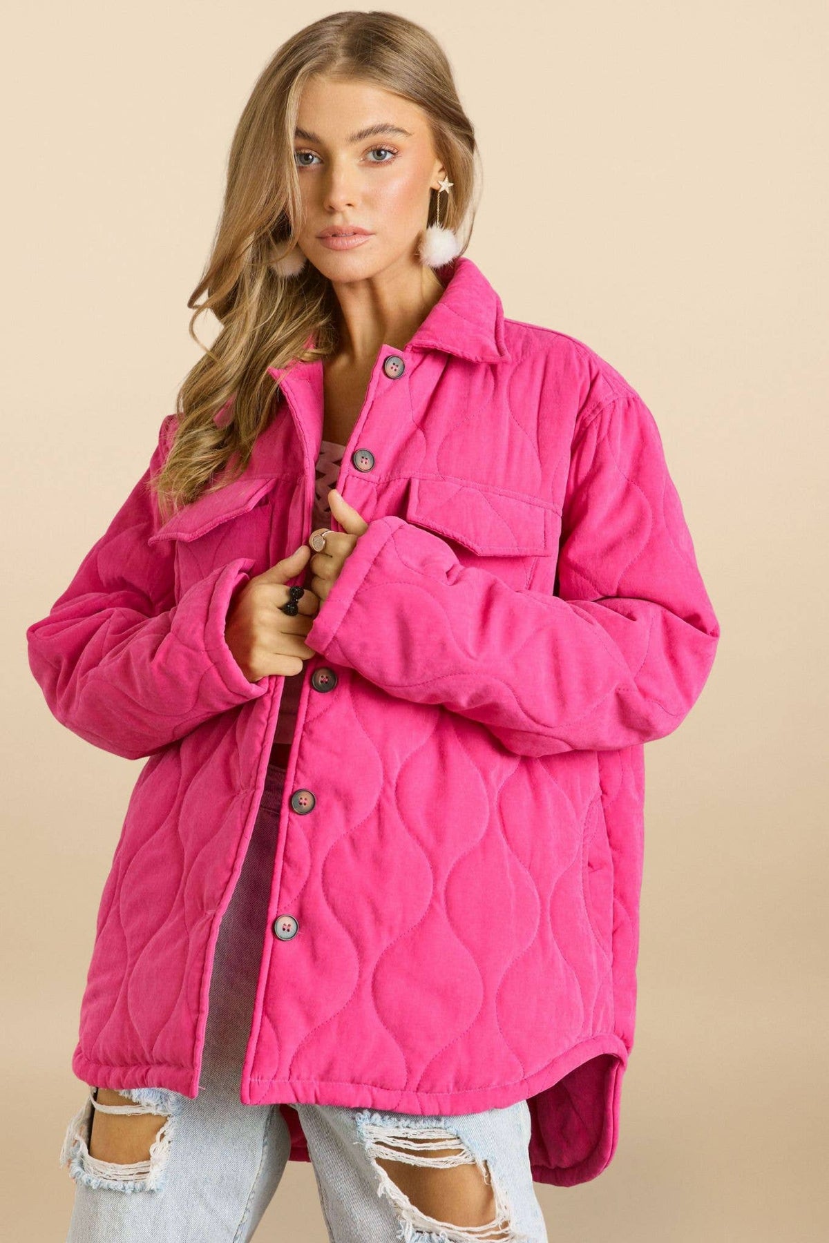 SOLID QUILTED JACKET WITH SIDE POCKET: Hot Pink