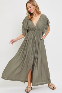 Summer Sunset Boho Linen Gauze Maxi Dress in Olive * on sale