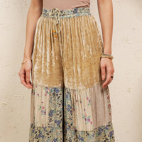 **Pre-Order: Will arrive August** Boho Tiered Patchwork Flare Pants Velvet Drawstring Waist