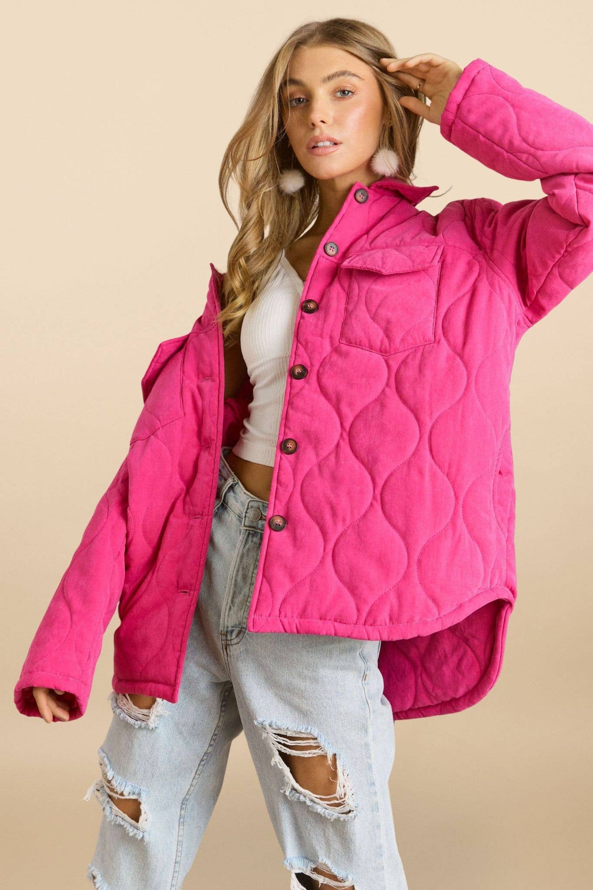 SOLID QUILTED JACKET WITH SIDE POCKET: Hot Pink