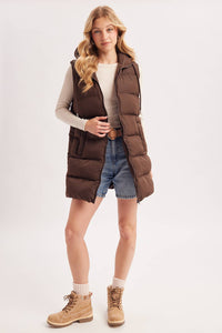 HOODED ZIPPER DOWN LONGLINE PUFFER VEST