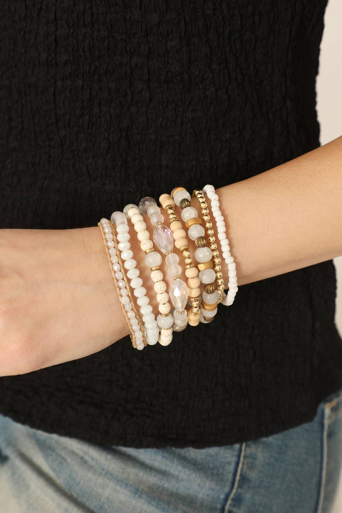 Charm Mix Bead Natural Stone Wood Layered Stackable Bracelet: White