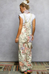 Printed Lace Patch Trim Strap Relaxed Fit Jogger Overall Romper Pants : CREAM FLORAL