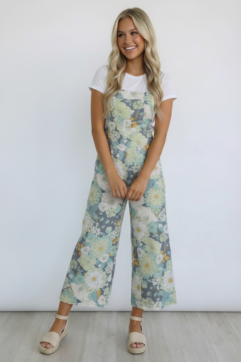 FLORAL PRINT LINEN OVERALL ROMPER WITH ELASTIC SHOULDER STRAPS: CHARCOAL/SAGE